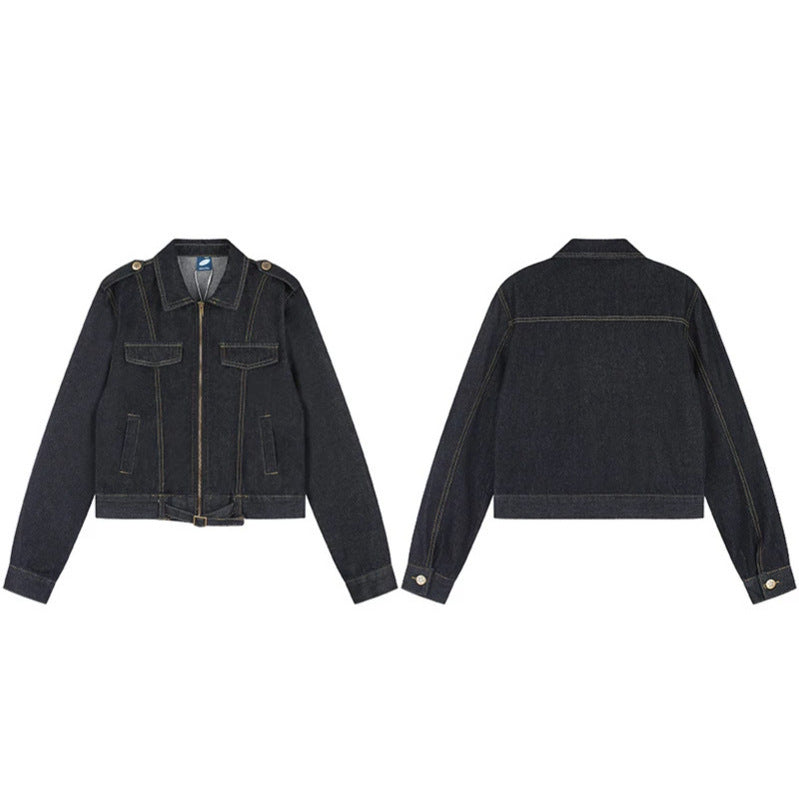 Women Short Cut Denim Jacket with Epaulettes, Zipper and Waist Belt Mune Fashion