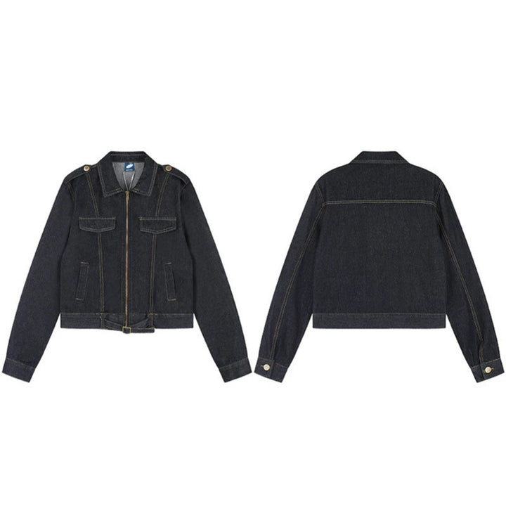 Women Short Cut Denim Jacket with Epaulettes, Zipper and Waist Belt Mune Fashion