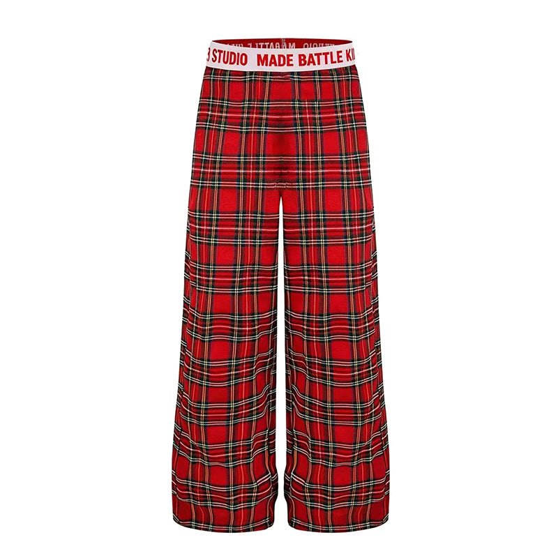 Ladies Wide Lounge Pants with Check Pattern and Elastic Logo Waistband Mune Fashion