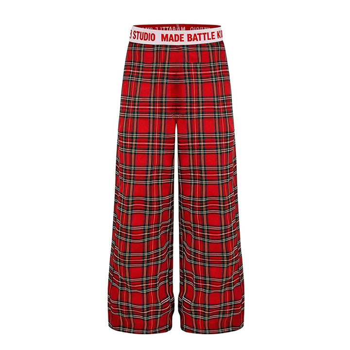 Ladies Wide Lounge Pants with Check Pattern and Elastic Logo Waistband Mune Fashion