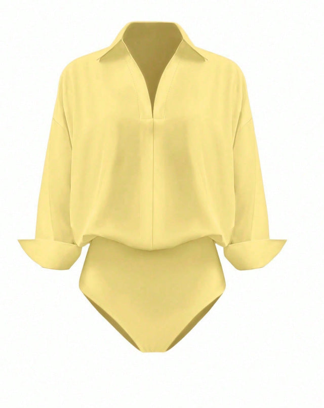 Women Elegant Shirt Blouse Bodysuit with V-Neck, Oversized Cut and Cuff Flaps Mune Fashion