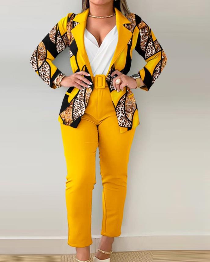 Women's tailoring set with animal print lapel, tailored belt blazer and high-waist slim pants Mune Fashion