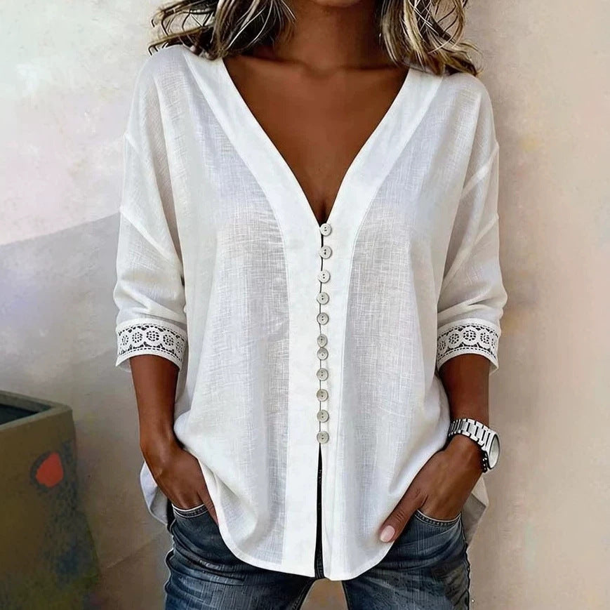 Ladies Light V-Neck Blouse with Decorative Button Placket and Lace Trim Sleeves Mune Fashion