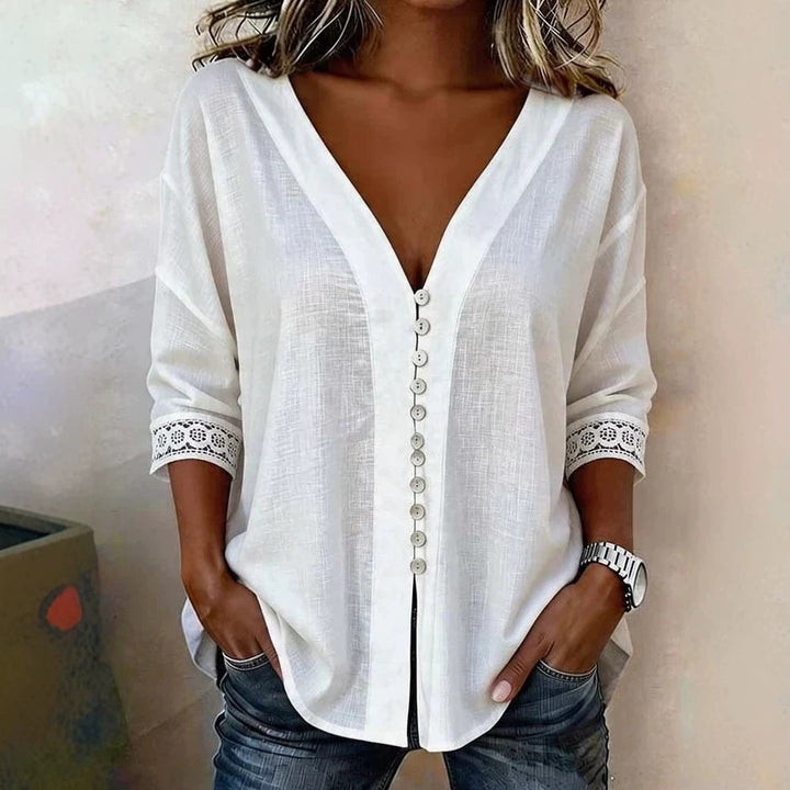 Ladies Light V-Neck Blouse with Decorative Button Placket and Lace Trim Sleeves Mune Fashion