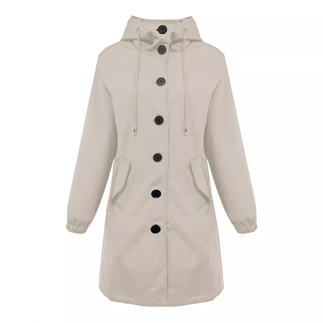Women nan lightweight rain parka with hood, oversized button placket, drawstring and patch pockets Mune Fashion