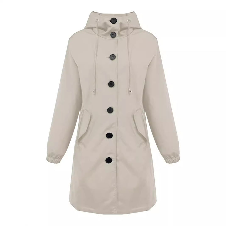 Women nan lightweight rain parka with hood, oversized button placket, drawstring and patch pockets Mune Fashion
