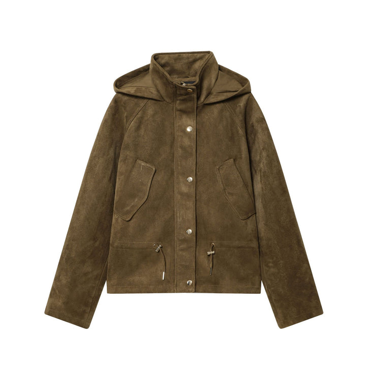 Women's short suede imitation parka with hood, high collar and drawstring waist Mune Fashion