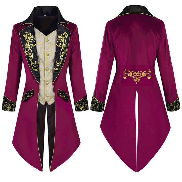 Men's elegant tailcoat in Baroque style with gold-embroidered lapels and split tail.
