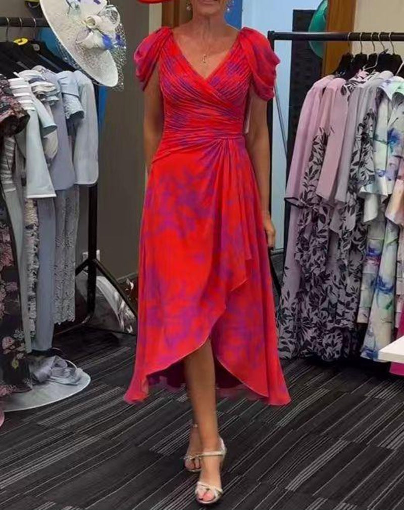 Women's wrap midi dress with ruched bodice, puff sleeves, and asymmetric waterfall hem Mune Fashion