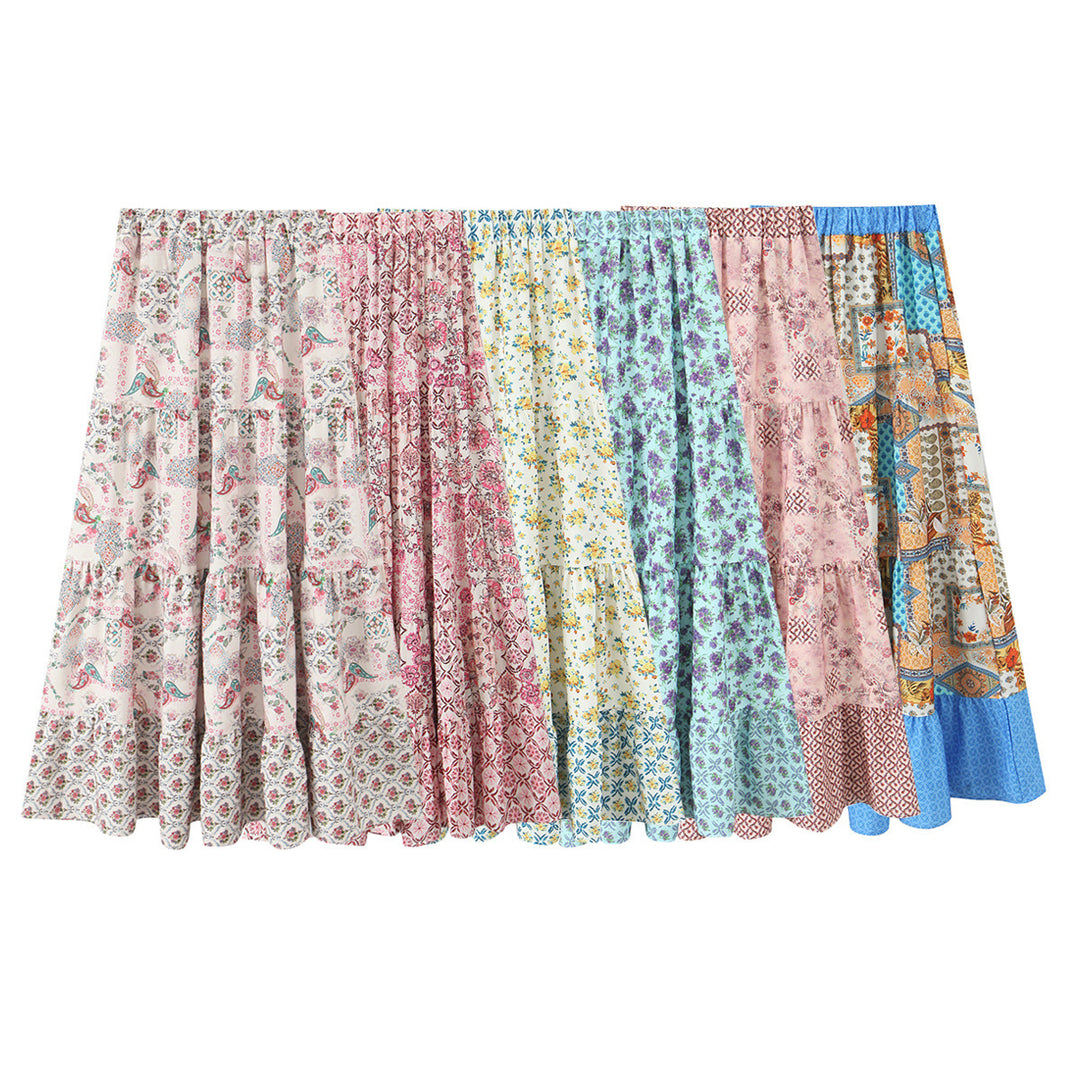 Women's Long Tiered Skirt with Floral Allover Print, Elastic Waistband and Ruffled Panels Mune Fashion