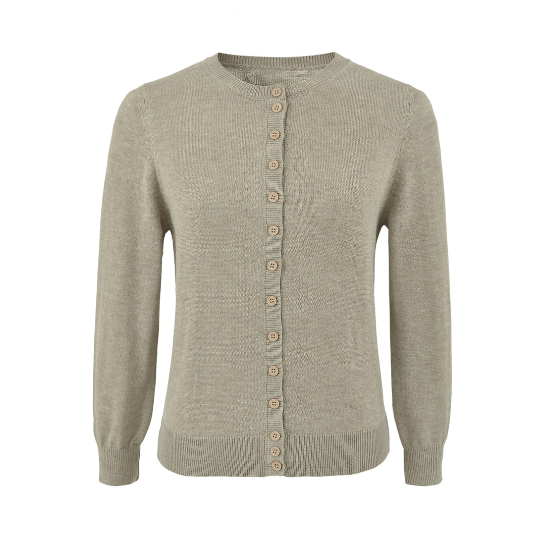 Ladies finely knitted round neck cardigan with button placket and ribbed cuffs Mune Fashion