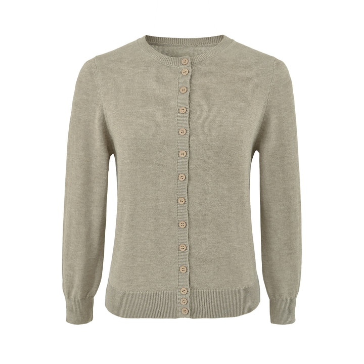 Ladies finely knitted round neck cardigan with button placket and ribbed cuffs Mune Fashion