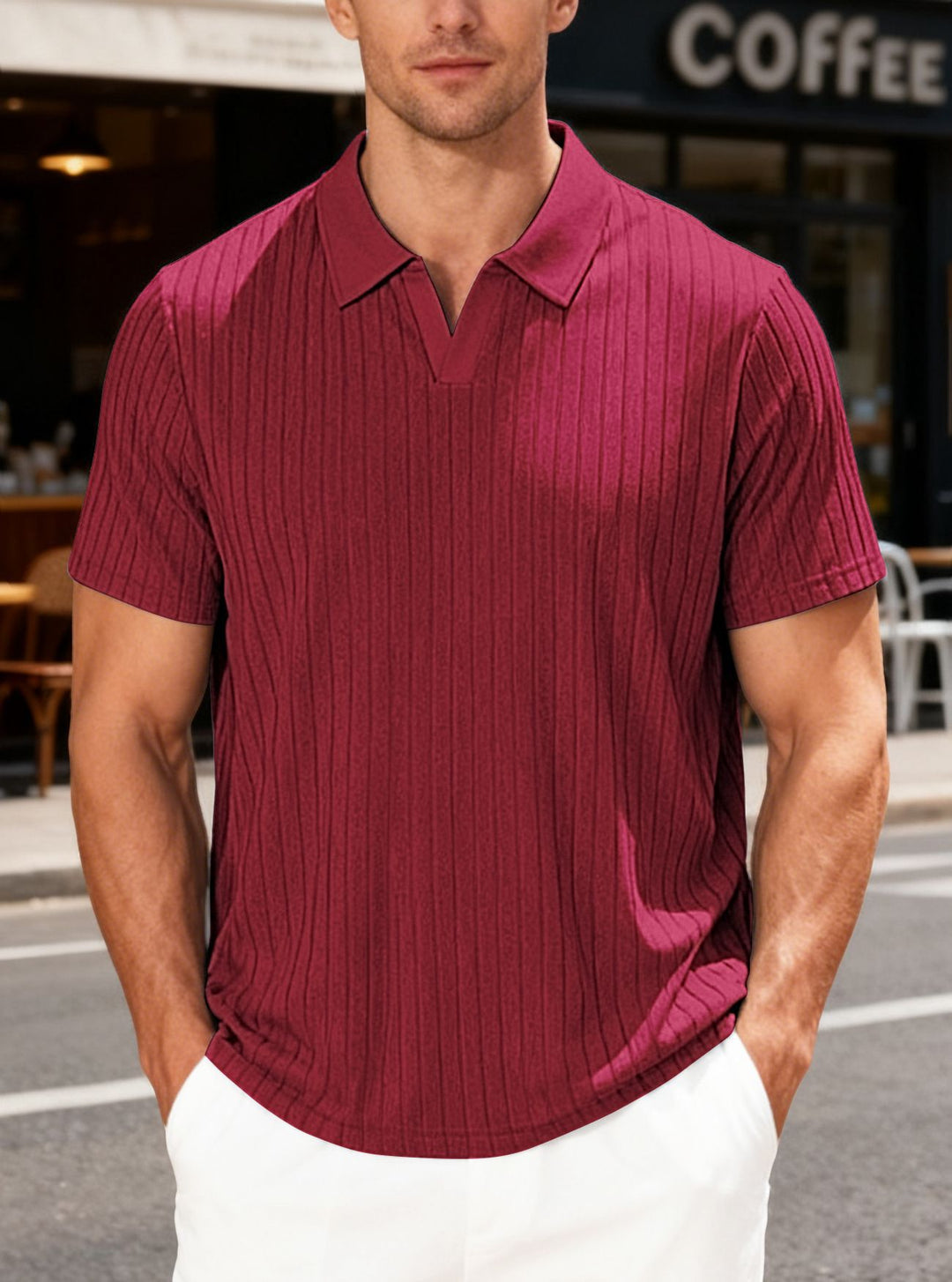 Men's Ribbed Short Sleeve Polo Shirt with V-Neck and Open Collar