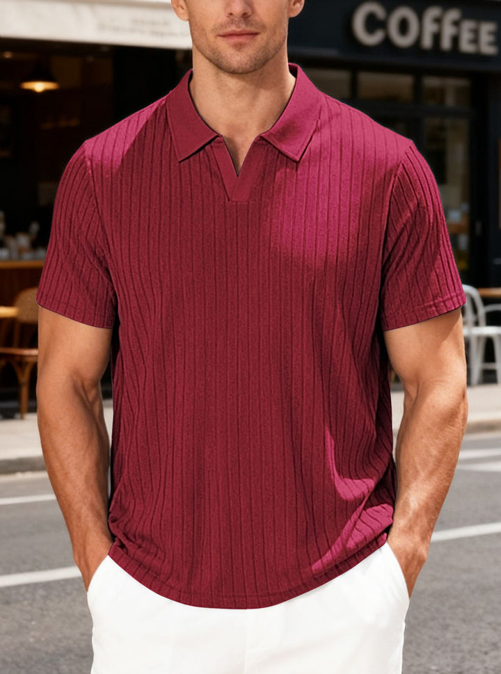 Men's Ribbed Short Sleeve Polo Shirt with V-Neck and Open Collar