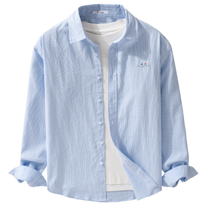 Men's Light Long Sleeve Shirt with Fine Pinstripes and Chest Embroidery Mune Fashion