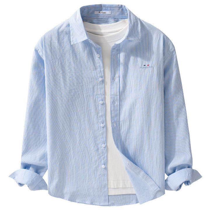 Men's Light Long Sleeve Shirt with Fine Pinstripes and Chest Embroidery Mune Fashion