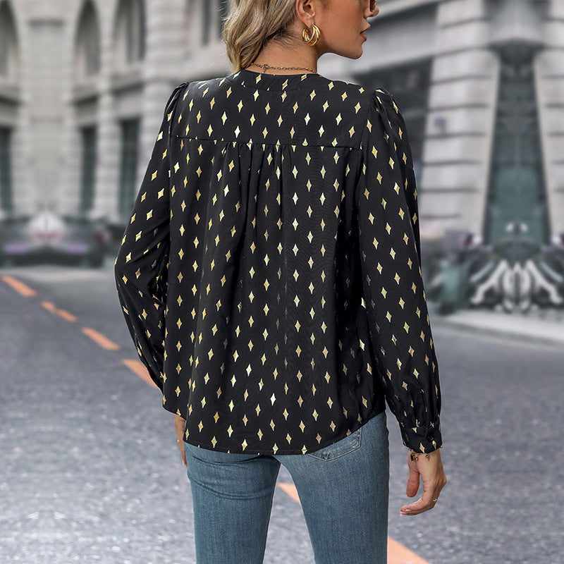 Women's Printed Viscose Blouse with Diamond Print, Stand Collar and Balloon Sleeves Mune Fashion