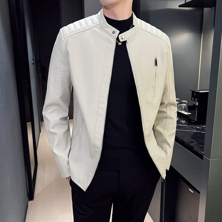 Men's Elegant Leather Jacket with Stand-up Collar Mune Fashion