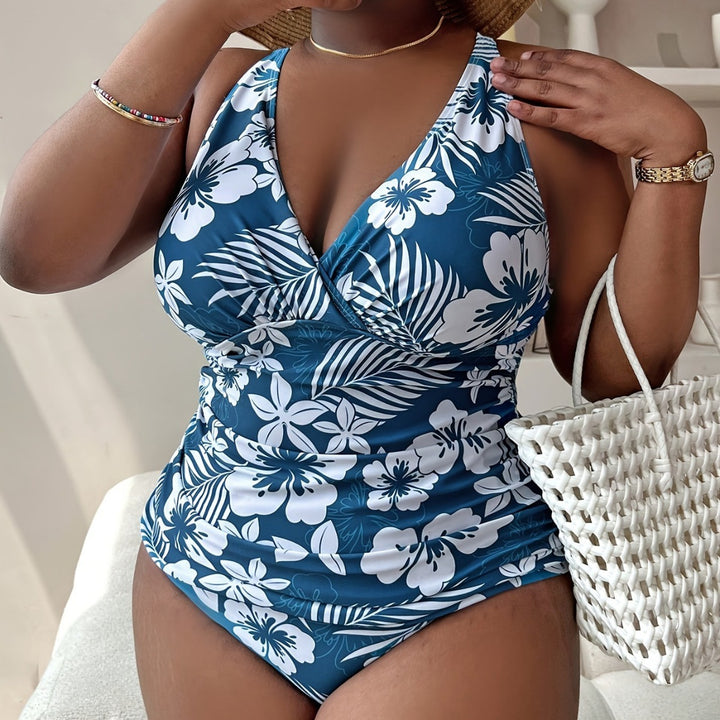 Women’s one-piece swimsuit with floral design and sophisticated wrap neckline Mune Fashion