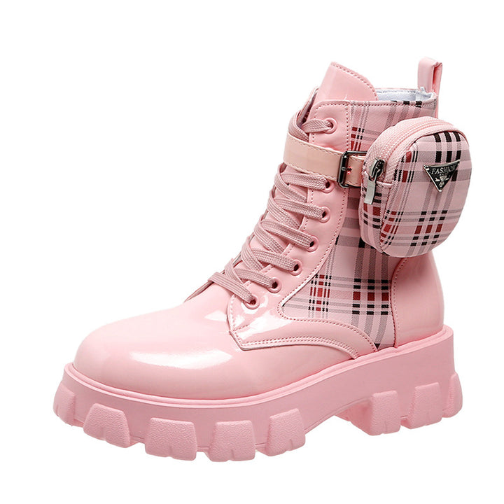 Women's fashionable plateau ankle boots with checkered textile insert, lacing, buckle strap and removable mini bag Mune Fashion
