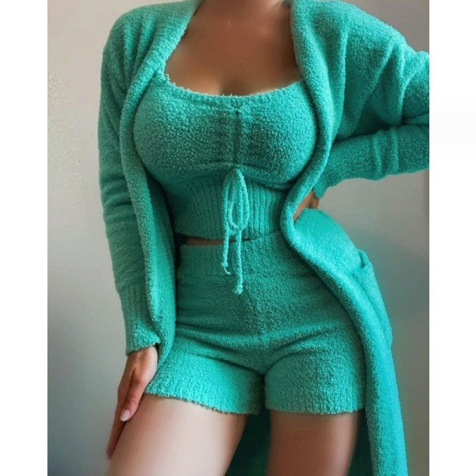 Women's luxurious teddy fleece lounge set with long cardigan, gathered cropped bustier and high waist pants Mune Fashion