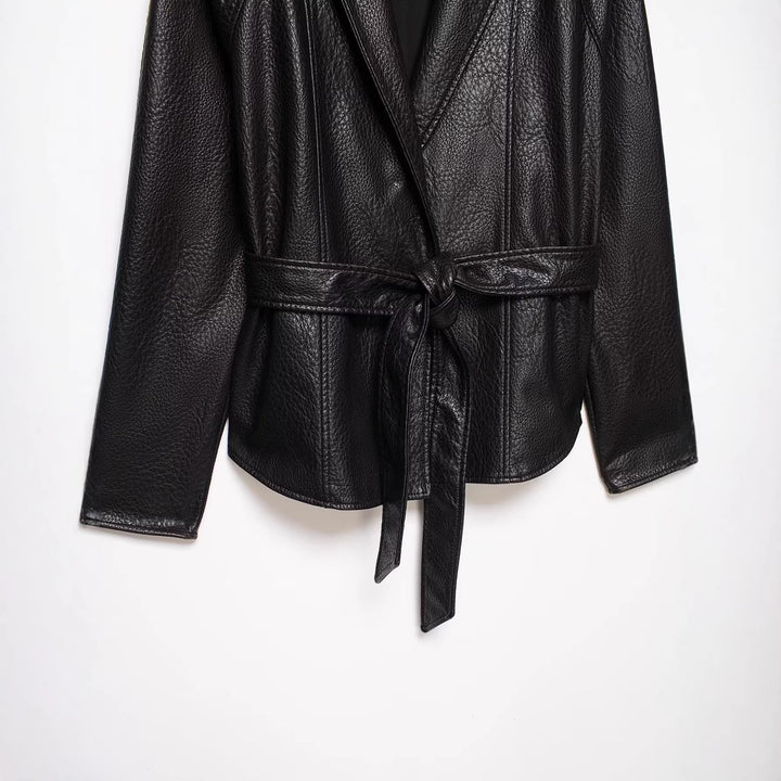 Women's leather jacket in leather look with tie belt and shawl collar Mune Fashion