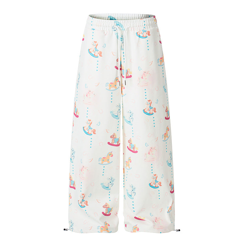 Women's Wide Palazzo Lounge Pants with Comfortable Waistband, Drawstring and Playful Rocking Horse Print Mune Fashion
