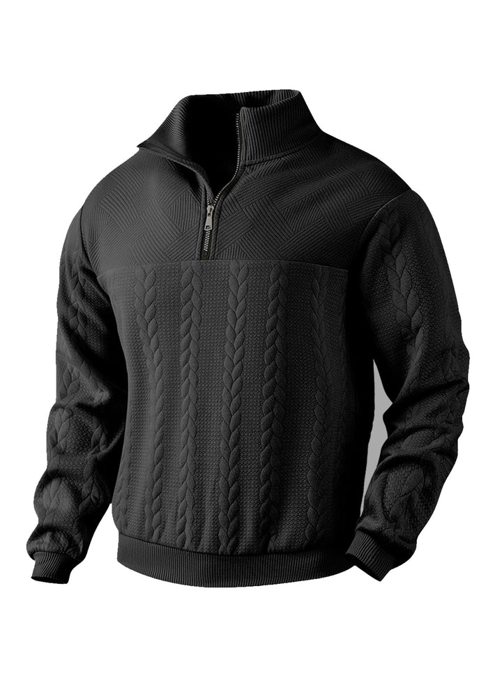 Men's textured knit sweater with half zip, braided cable pattern, and high stand-up collar Mune Fashion