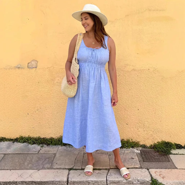 Women's knee-length linen look dress with smocked bodice, elastic waistband and wide straps Mune Fashion