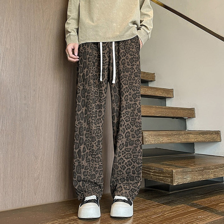 Men's Loose Fit Leopard Print Pants made of Lightweight Viscose Blend with Drawstring Mune Fashion