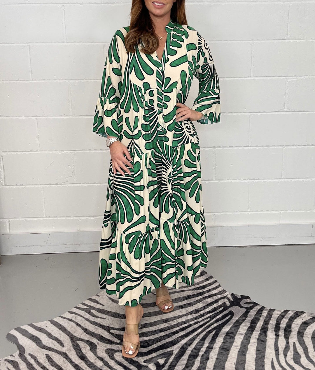 Ladies Long Tiered Dress with Button Placket and Abstract Leaf Print Mune Fashion