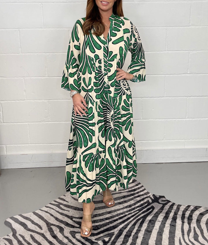 Ladies Long Tiered Dress with Button Placket and Abstract Leaf Print Mune Fashion