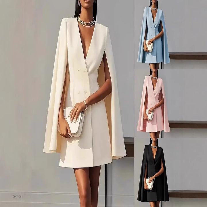 Women's Short Blazer Dress with Cape Sleeves and Double-Breasted Button Placket Drune
