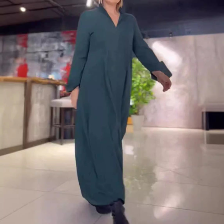 Women's Long Maxi Dress with Stand Collar, Side Pockets and Loose Fall Mune Fashion