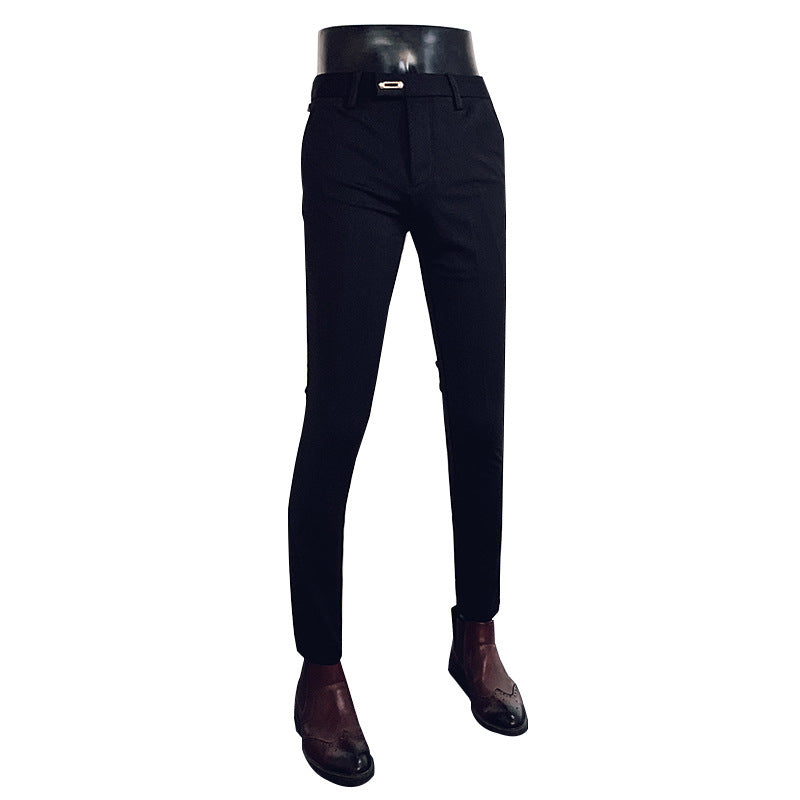 Men's tailored slim-fit suit trousers with elastic waistband, concealed zipper, and fashionable belt detail Mune Fashion