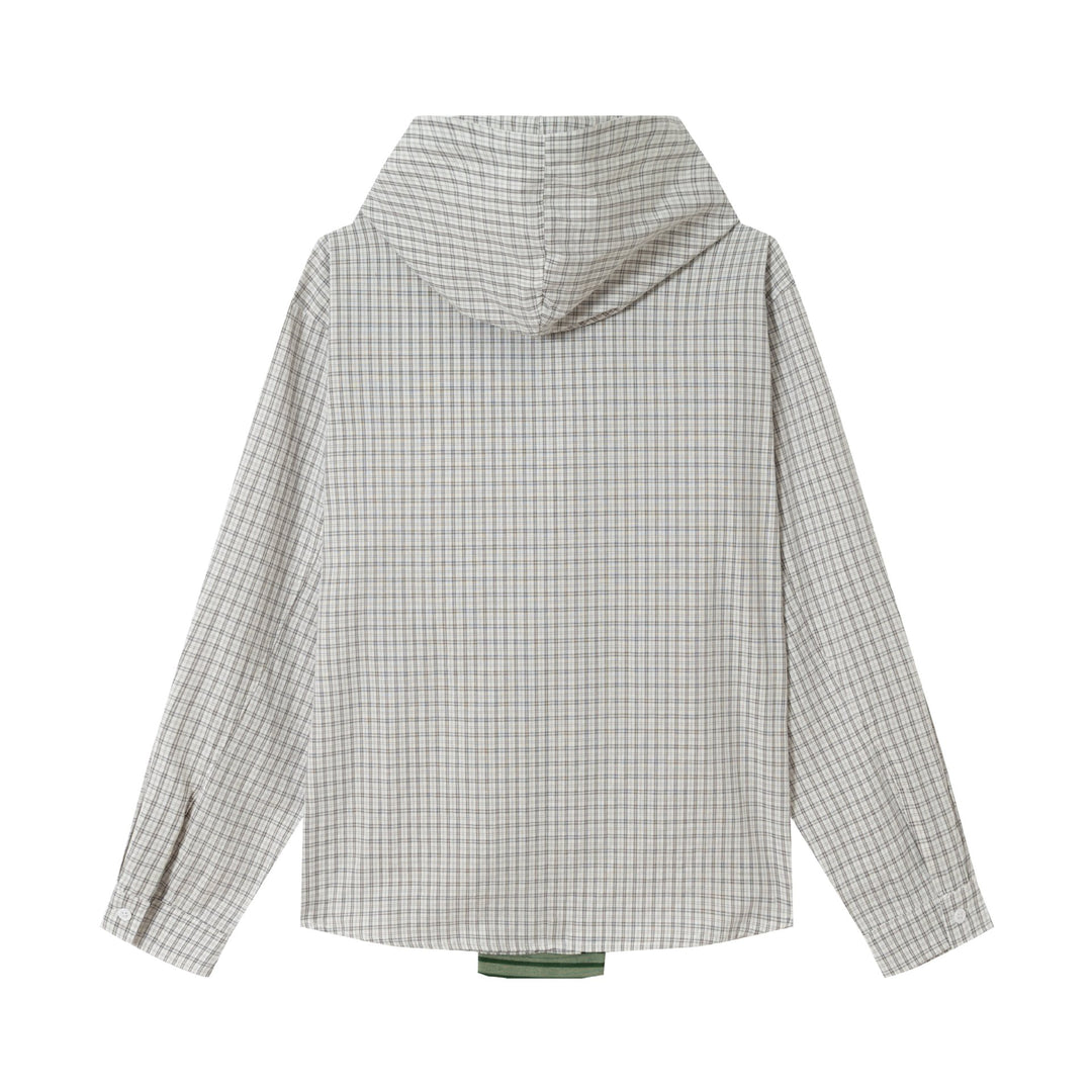 Women's Oversize Shirt Jacket with Hood, Attached Knit Scarf and Chest Patch Mune Fashion