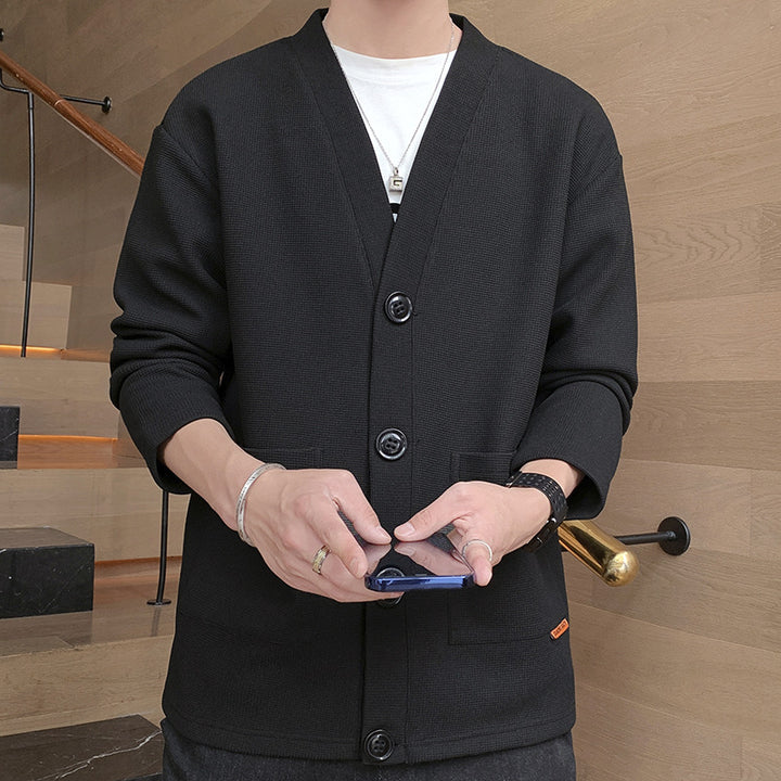 Men's Structured Waffle Knit Short Cardigan with Patch Pockets Mune Fashion