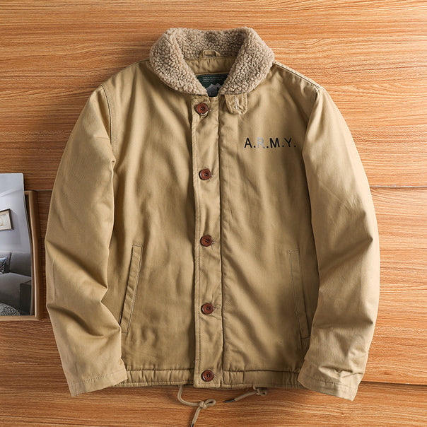 Men's military-inspired canvas jacket with teddy collar, insulating inner lining, and drawstring hood