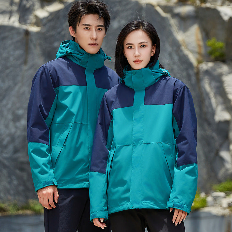 Unisex two-layer water-repellent outdoor jacket with hood and color block design Mune Fashion