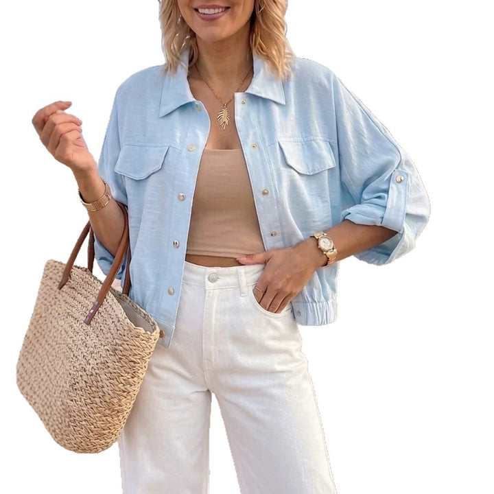 Women's Lightweight Chambray Boxy Jacket with Elastic Waistband, Snap Buttons, and Patch Chest Pockets Drune