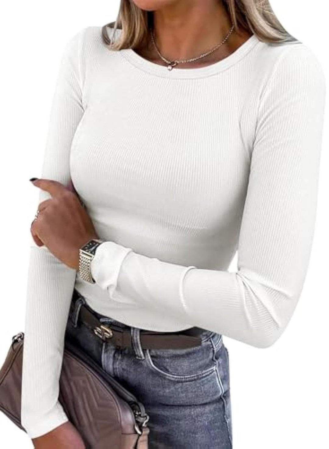 Women's Slim-Fit Ribbed Long Sleeve with Round Neckline and Stretch Cotton Blend Drune