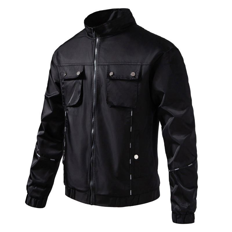 Men's Lightweight Utility Bomber Jacket with Flap Pockets, Stand-Up Collar, and Elastic Hem Mune Fashion