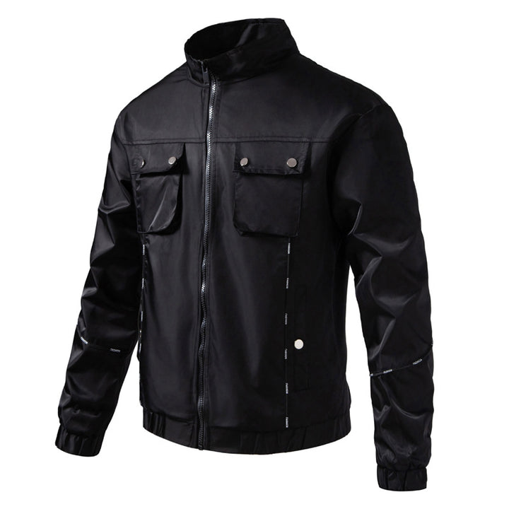 Men's Lightweight Utility Bomber Jacket with Flap Pockets, Stand-Up Collar, and Elastic Hem Mune Fashion