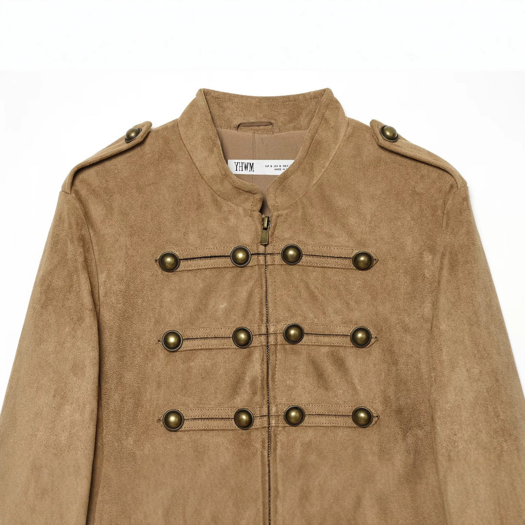 Women's short military-style jacket in faux suede with row of brass buttons Drune