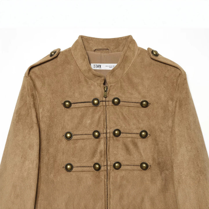 Women's short military-style jacket in faux suede with row of brass buttons Drune