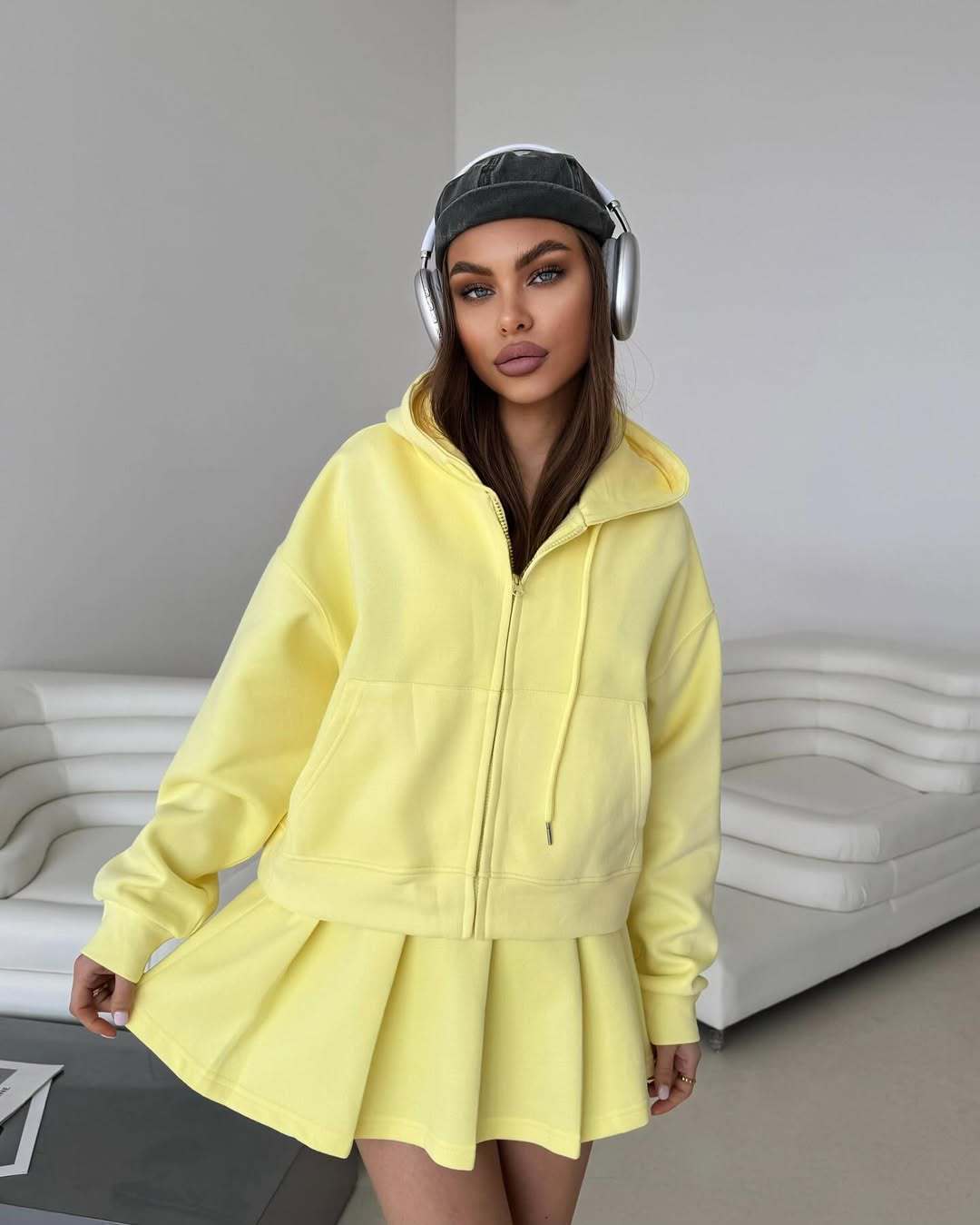 Women's Short Zip Hoodie with Pleated Mini Skirt Lounge Set Mune Fashion