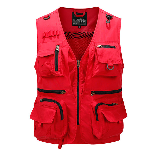 Men's nan multifunctional fishing vest with mesh lining, multiple zipper and flap pockets.
