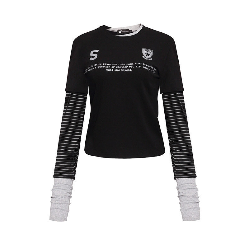 Women's Layered Look Long Sleeve Shirt with Striped Insert Sleeves and Badge Mune Fashion