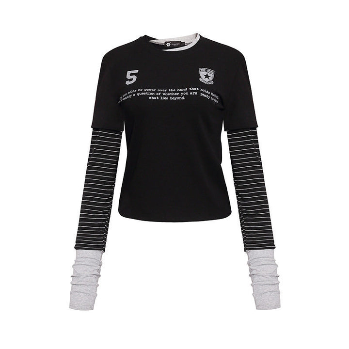 Women's Layered Look Long Sleeve Shirt with Striped Insert Sleeves and Badge Mune Fashion