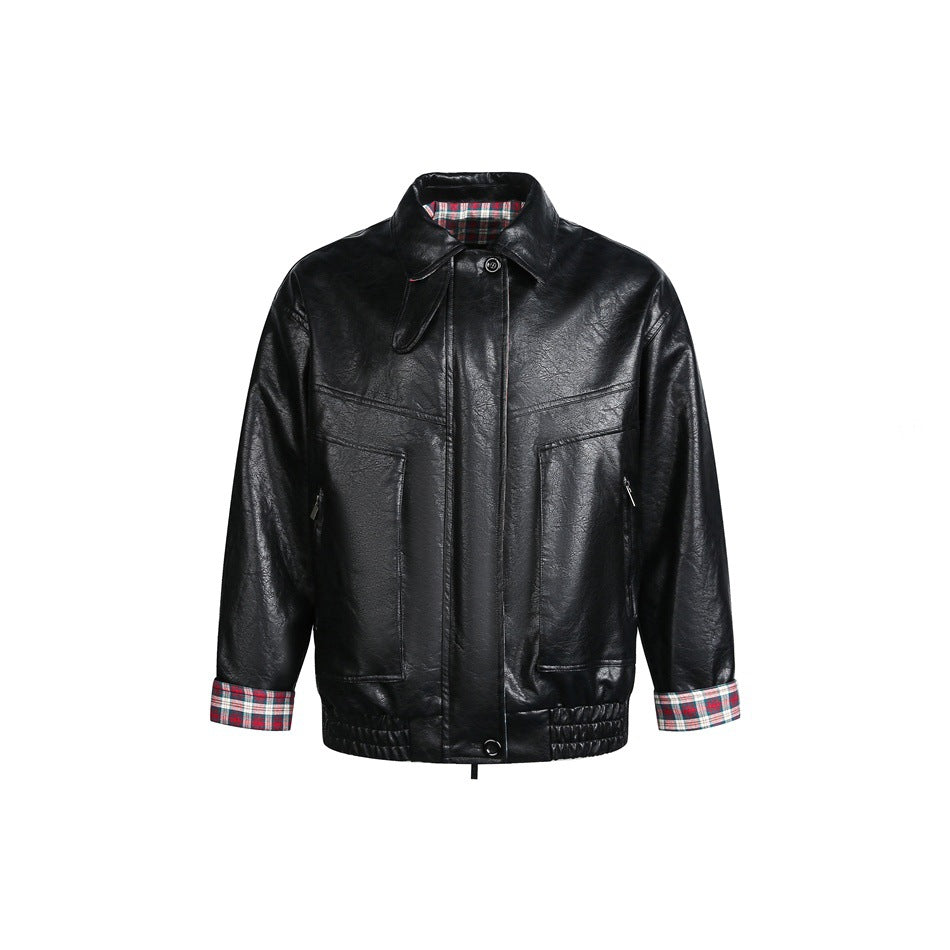 Men's Short Faux Leather Pilot Style Blouson Jacket with Checked Lining Mune Fashion